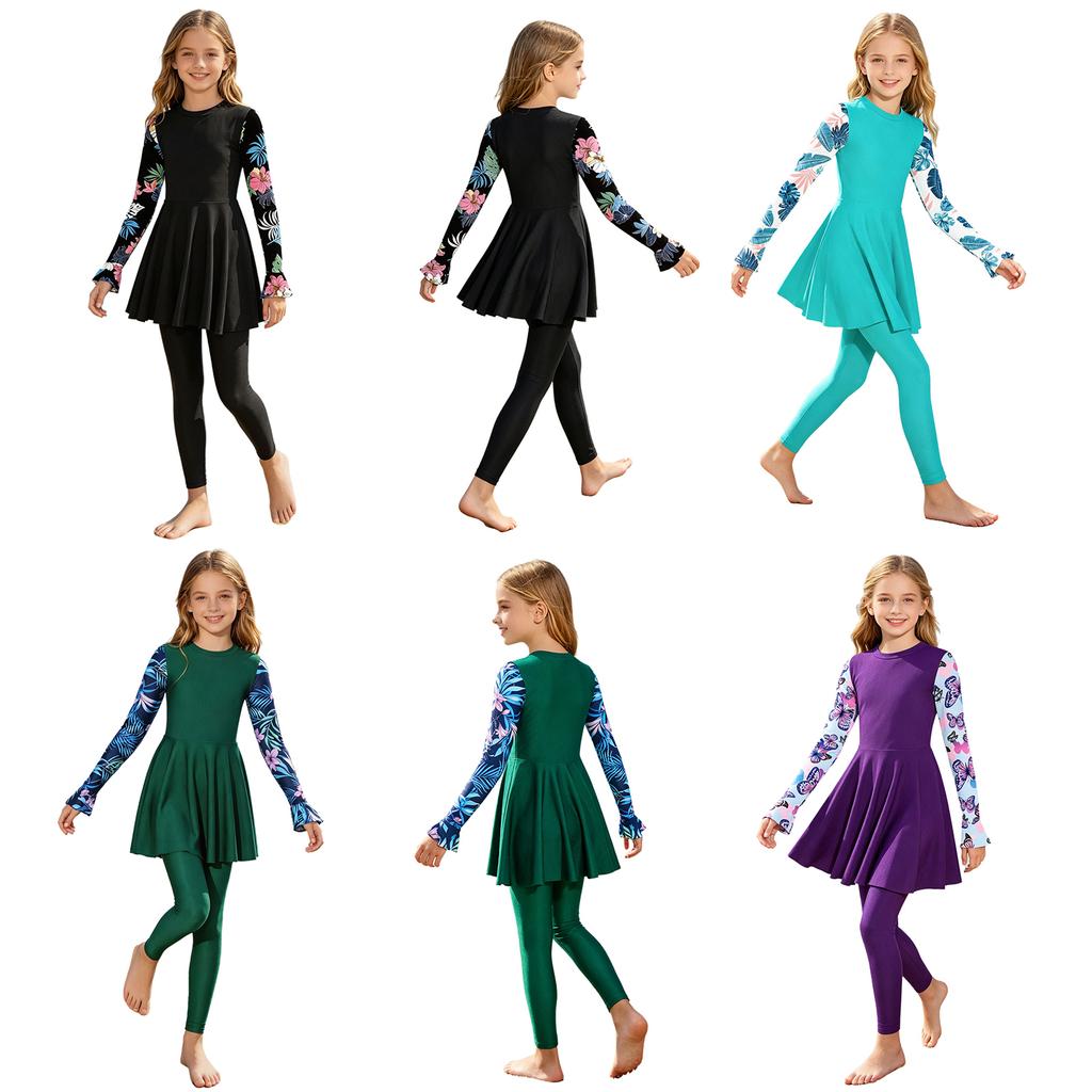 Girls Floral Print Long Sleeve Swim Dress and Pants Set Bathing Suit Rash Guard for Beach Pool Swimming Holiday