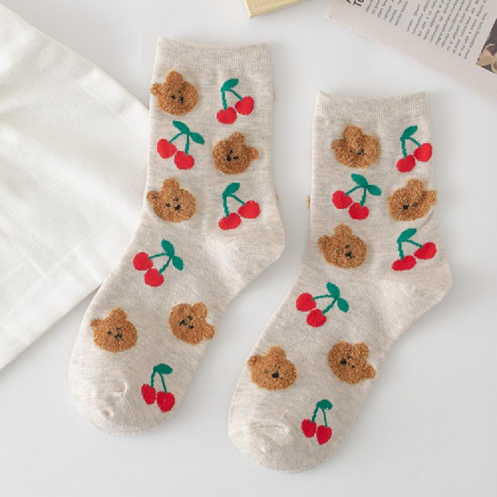 New Chic Girls' Cute Cartoon 3D Hairy Feather Yarn Rabbit Bear Peach Cherry Soft Cotton Casual Socks Preppy Style Dropship