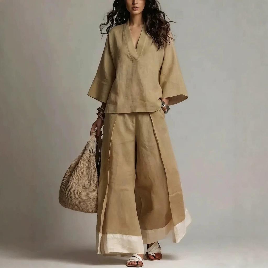 Women's Spring Summer French Linen Cotton Set V Neck 3/4 Sleeve Shirt + Color Block Wide Leg Pants Outfit