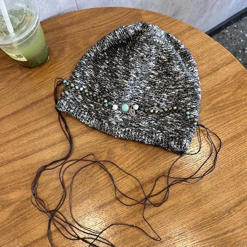 Ethnic Style Bohemian Beanies Hat Coldproof Jacquard Woolen Hat Fashion Beaded Fringed Cap  Female