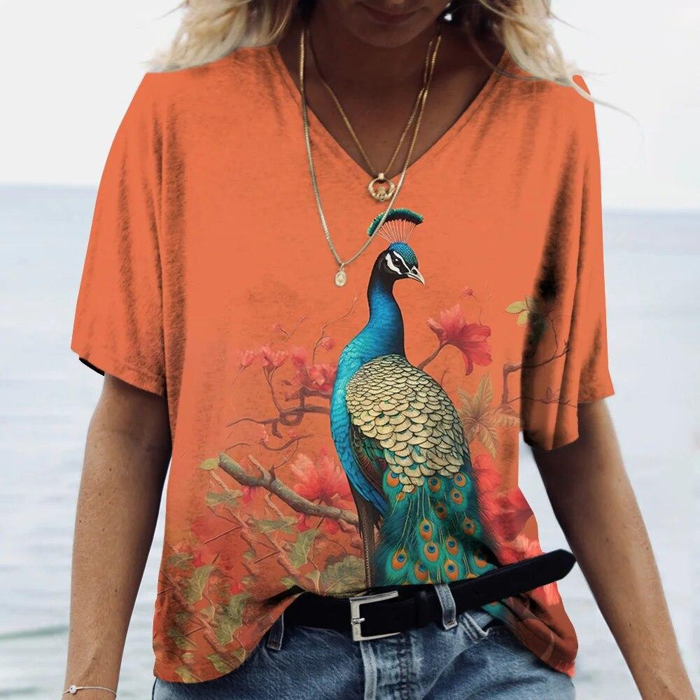 Women's V-Neck T-Shirt Peacock 3D Print Casual Fashion Summer Pullover Short Sleeve Harajuku Oversized Tops Tees For Ladies