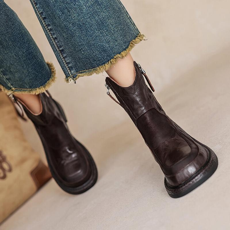 Fashion NEW Autumn Women Boots Genuine Leather Shoes for Women Round Toe Chunky Heel Shoes Zip Platform Boots Casual Black Ankle Boots