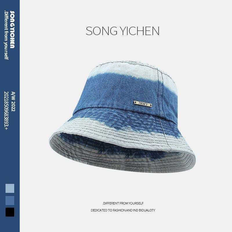 

Джинсовий рибальський капелюх контрастного кольору, дитячий сонцезахисний крем, сонцезахисний крем, обличчя, маленьке обличчя, однотонна кришка для обличчя, капелюх умивальник, універсальна пара M（56-58cm） темно-синього кольору