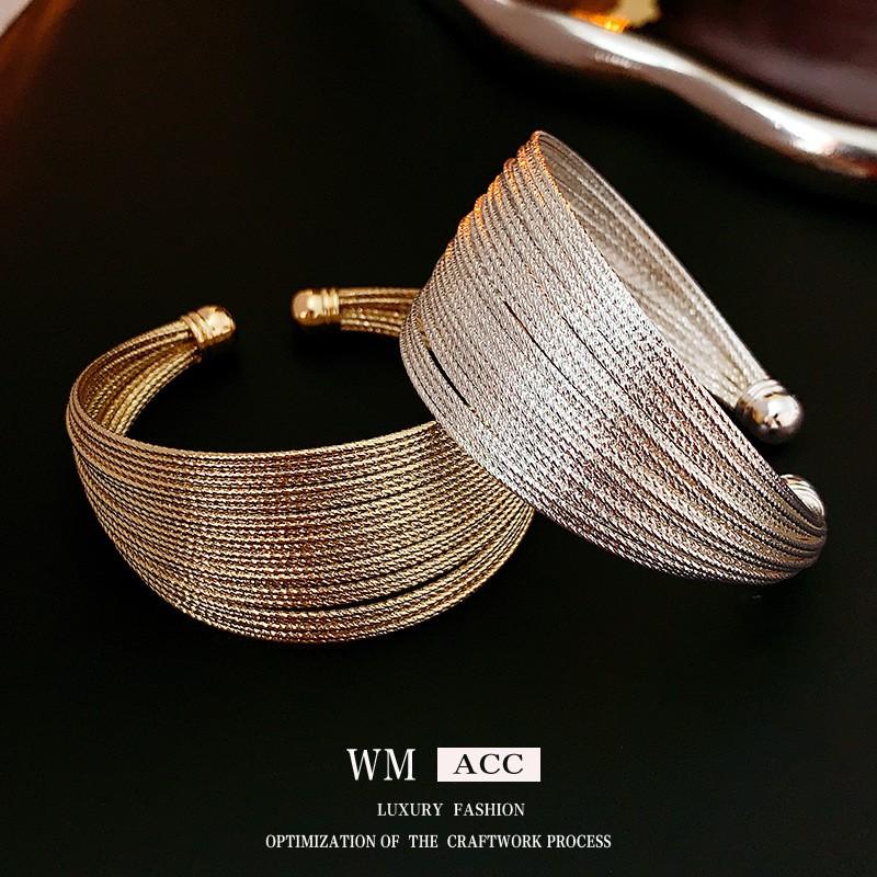 Minimalist Gold Plated Metal Multi-Layer Open Cuff Bracelet Women Elegant Stackable Jewelry With Geometric Circle Design