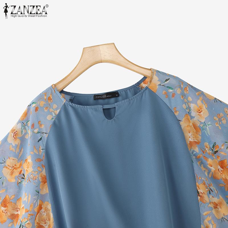 ZANZEA Women Casual Floral Print Splice 3/4 Sleeve Loose Blouse