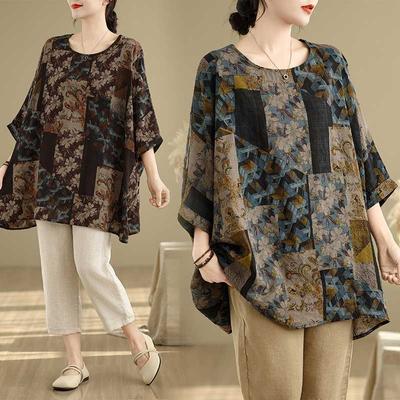 Dimanaf Spring T-Shirt Plus Size Women Printing Batwing Sleeve Floral Vintage Loose Tops Casual