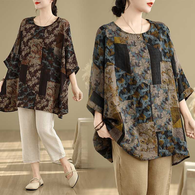 Dimanaf Spring T-Shirt Plus Size Women Printing Batwing Sleeve Floral Vintage Loose Tops Casual
