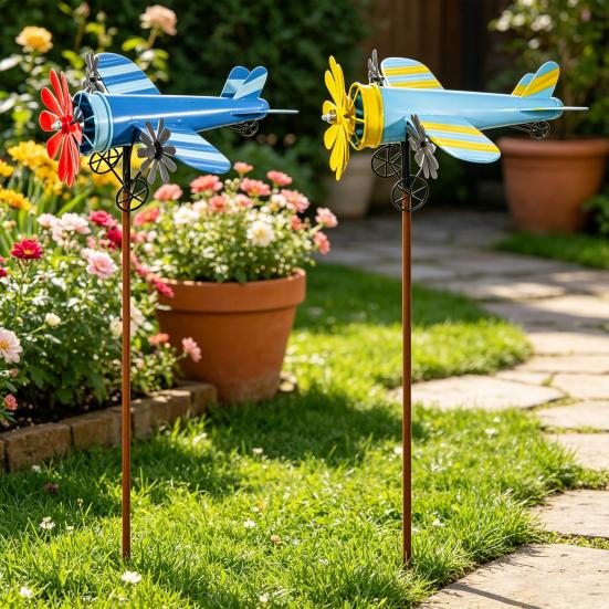 Avión de Hélice Molinillo de Viento Veleta de Metal Avión Vintage Escultura de Molino de Viento Cinético Decoración para Jardín Exterior Patio Césped