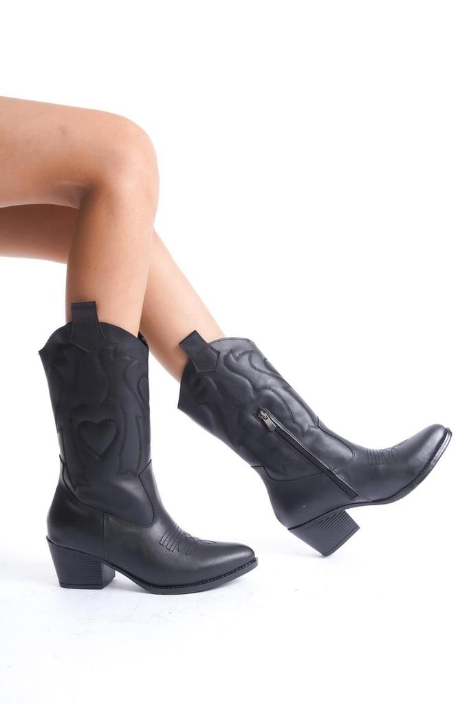 Women Modern Stylish Fashion Boots Boots Faux Leather Black Skin Leather White Heart Embroidered Cowboy Zipper Western Boots