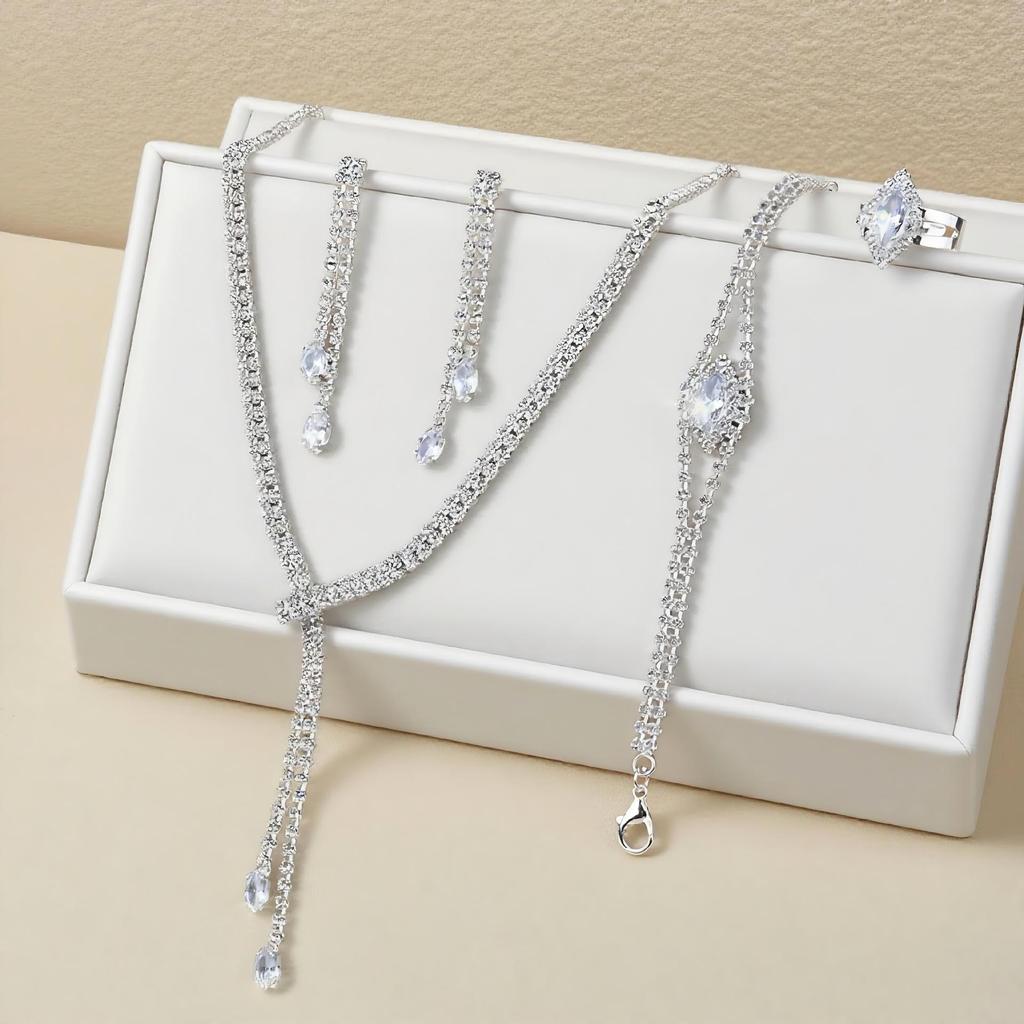 Elegant Full Diamond Jewelry Set: Necklace, Earrings, Bracelet, Ring for Weddings and Banquets