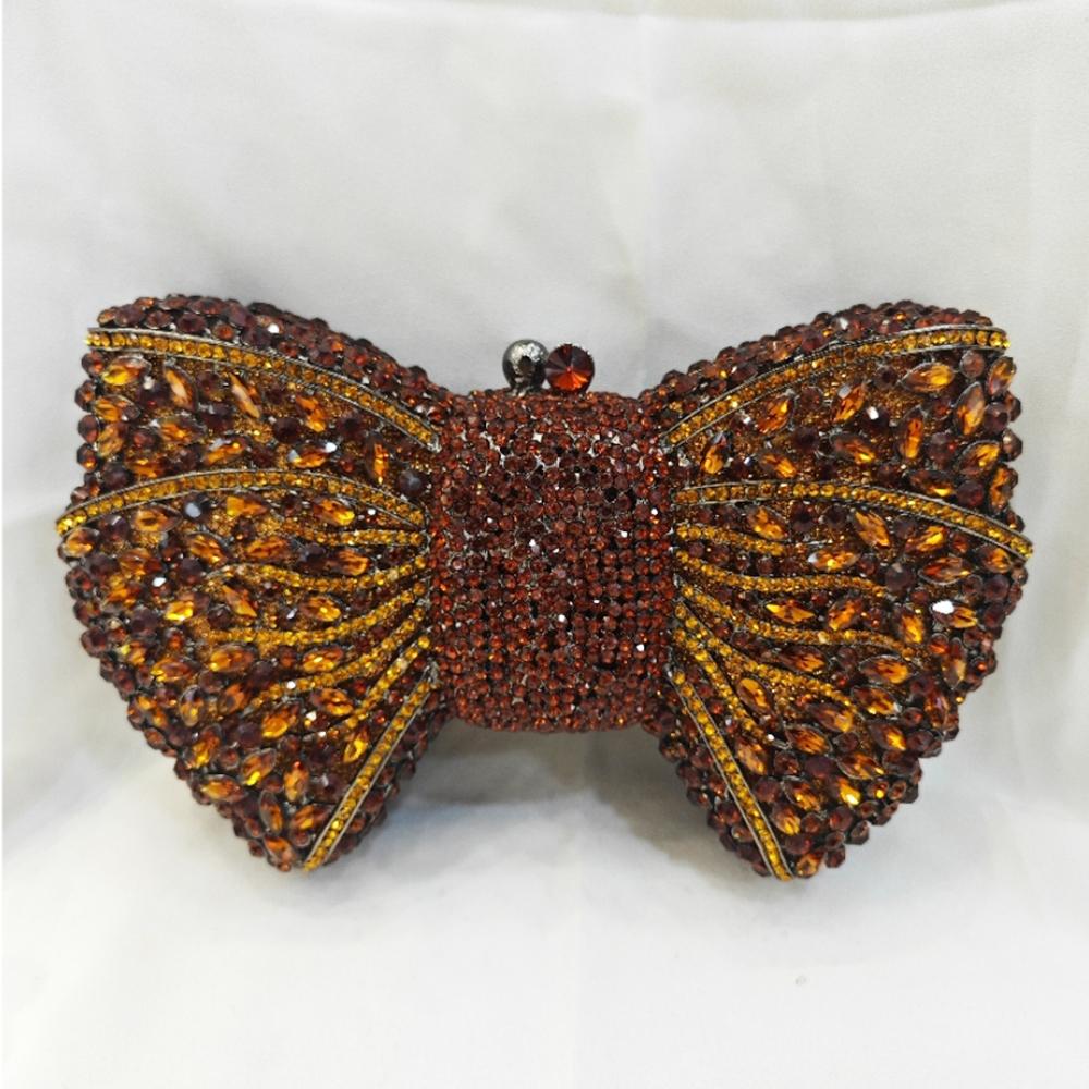 Green Bow Rhinestone Evening Bag Gold Hard Metal Crystal Wedding Handbags Bridal Party Cluches Diamond Women Cocktail Purses