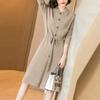 Spring Autumn Lapel Knit Dress Women's Long Loose Tie Sweater Dresses