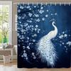 1pc Elegant White Peacock Shower Curtain with Iridescent Feathers & Cherry Blossom Branch Design On Dark Blue Background, Mystic
