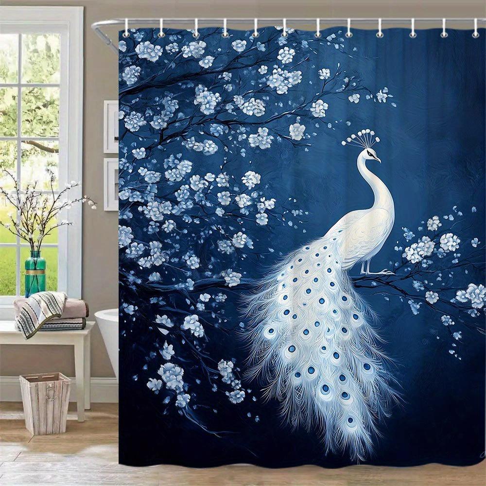 1pc Elegant White Peacock Shower Curtain with Iridescent Feathers & Cherry Blossom Branch Design on Dark Blue Background, Mystic 90x180cm