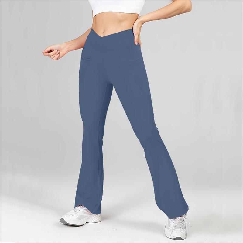 Sheer-effect Flared-leg Pocket Yoga Trousers: High-waisted, Bum-lifting, Slimming, Stretchy Fitness Trousers; Flared Wide-leg Sports Trousers