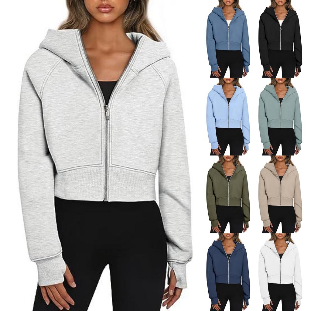 Women's Fashion Casual Hooded Zip Padded Long Sleeve Solid Colour Sweatshirt