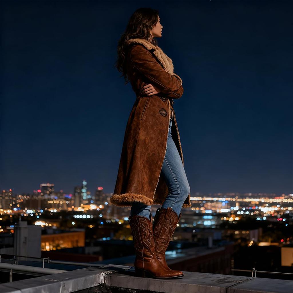 Women's Denim Western Retro Trench Coat, Plush Fashion And Warmth, Fleece Jacket