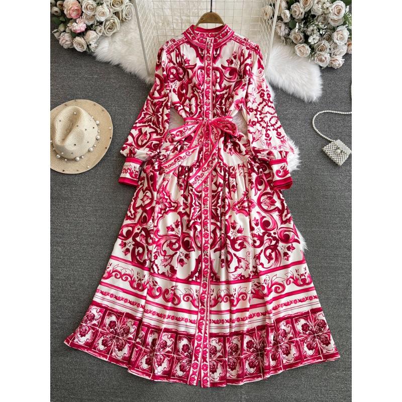 Spring and autumn retro court style long-sleeved stand-up collar waist thin single-breasted a-word celadon printed dress dress