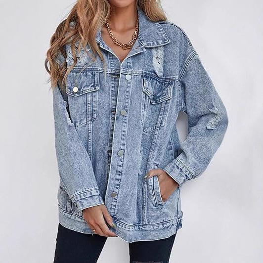Women s Oversized Ripped Denim Boyfriend Jacket Clothes Sale S