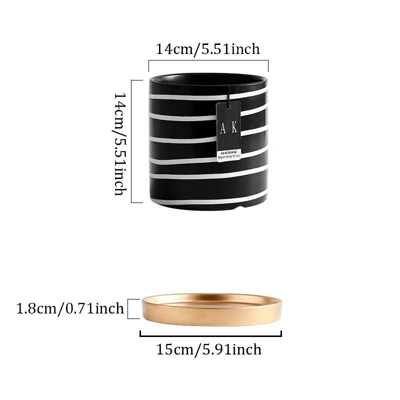 Nordic Black And White Striped Ceramic Flower Pot With Tray Round Potted Desktop Flower Arrangement Container Home Decorations