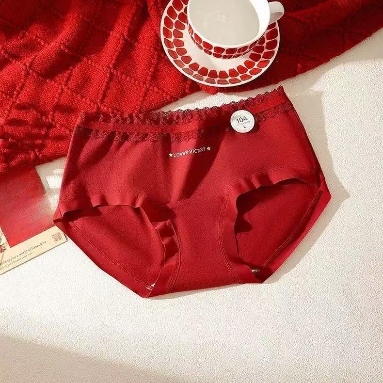 Female Spring and Autumn Year Marriage Red Skin Friendly 10A Antibacterial Extension Crotch Non Trace Stretch Briefs