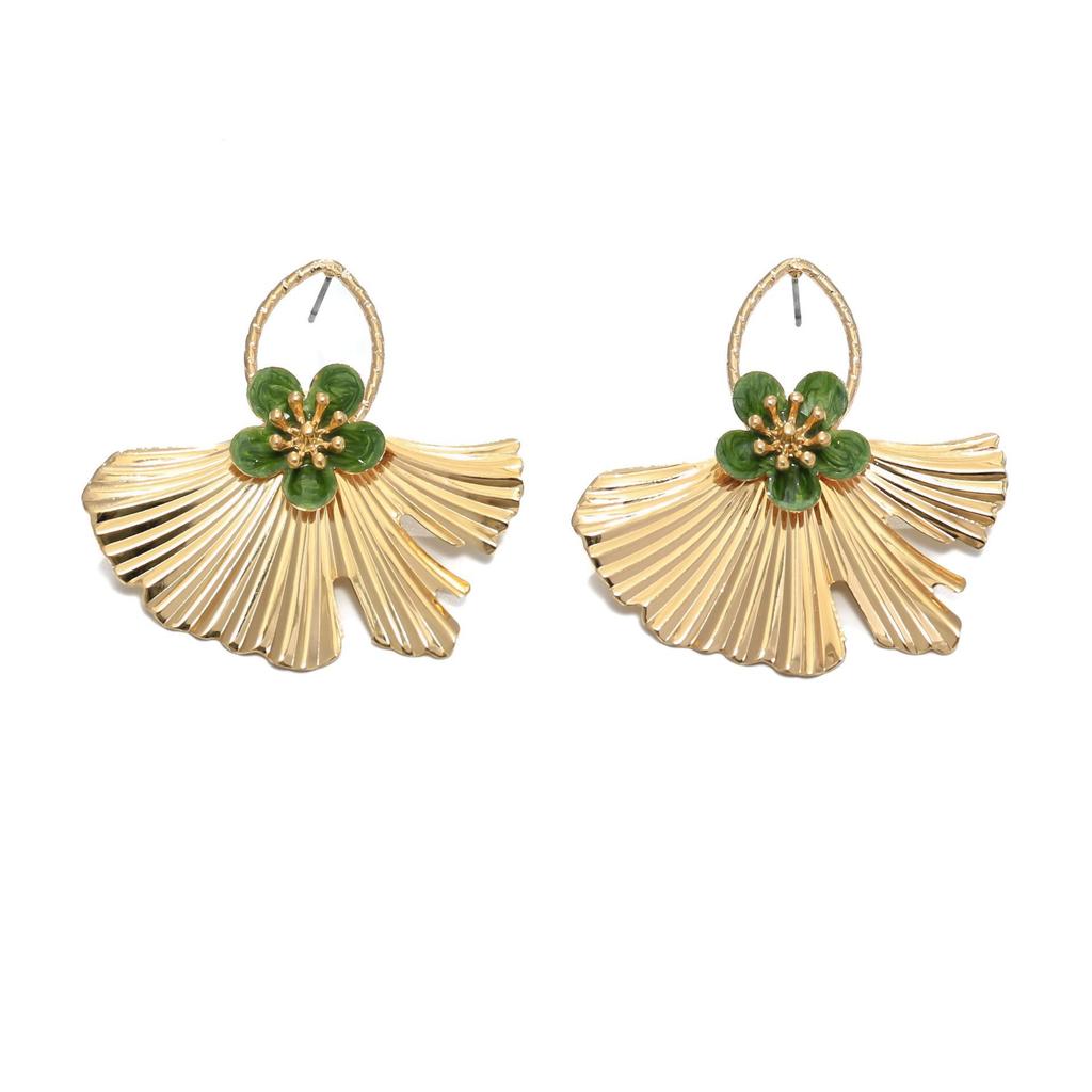 Fresh Green Drip Oil Flower Fan Stud Earrings