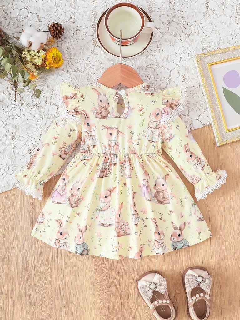 Girls Long Sleeve Ruffle Dress Basic Crewneck Everyday Dress Soft Print Dress For Kids