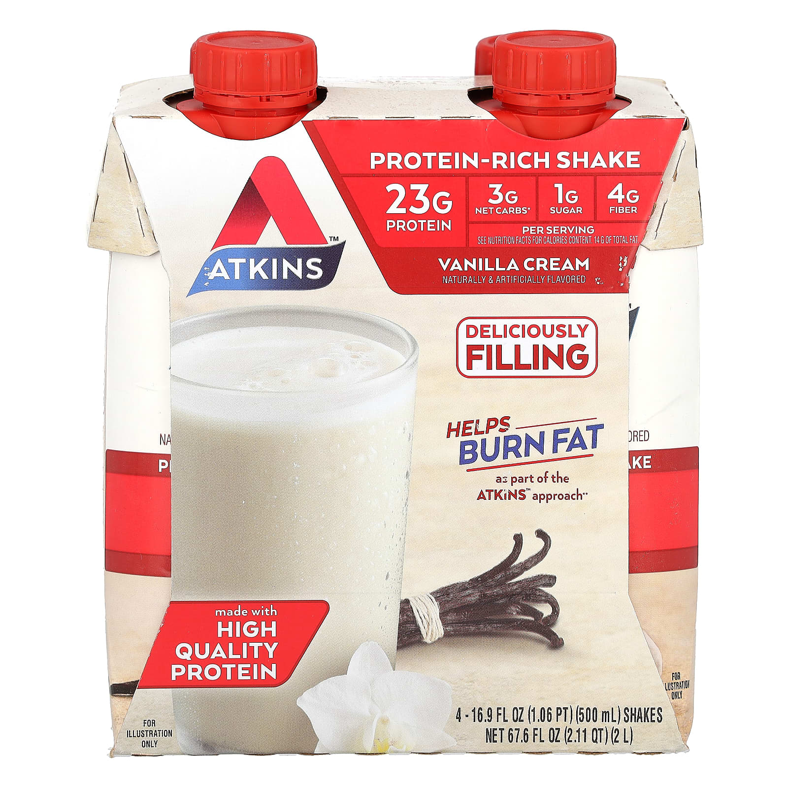 

Atkins, Protein Rich Shake, Vanilla Cream, 4 Packets, 16.9 fl oz (500 ml) Each