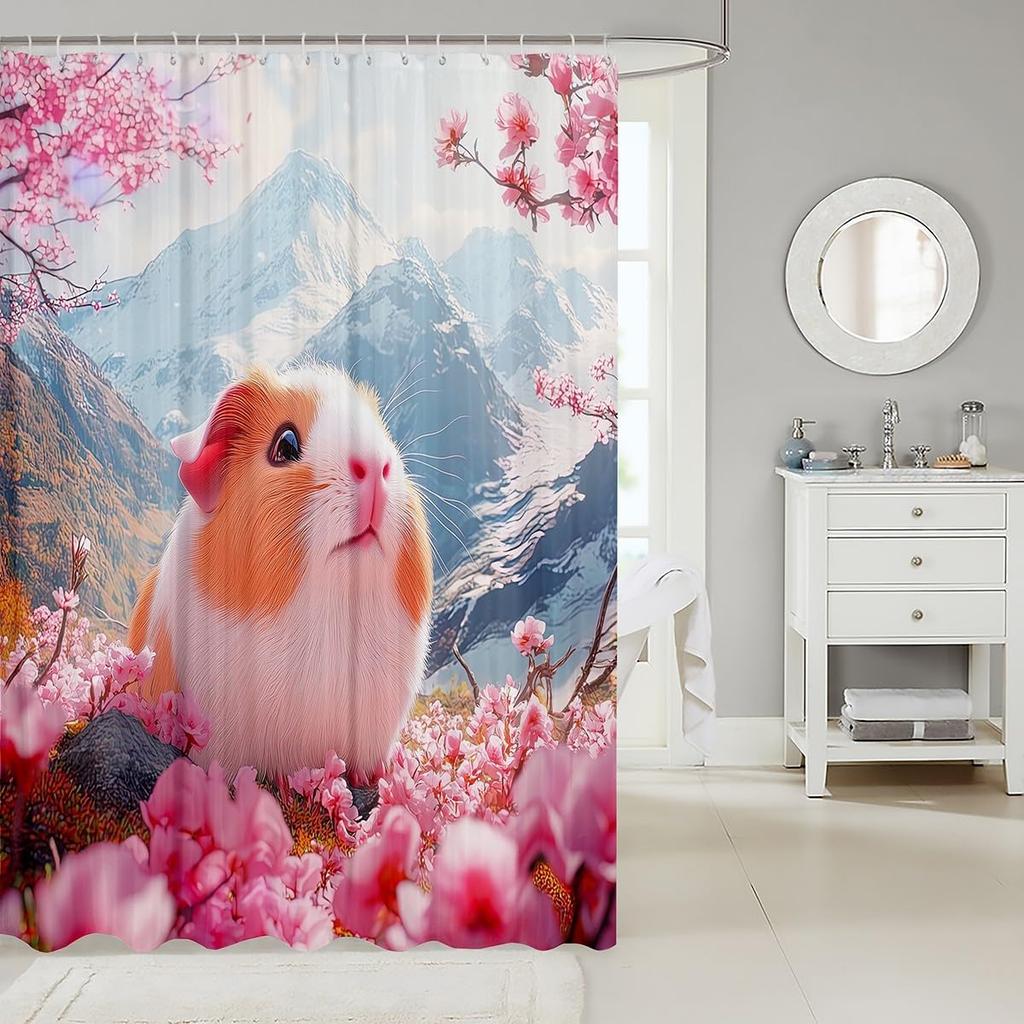 Cartoon Guinea Pig Bath Curtain Cute Pet Animal Shower Curtain For Girls Kids Boys,Pink Cherry Blossom Flowers Bathroom Curtain