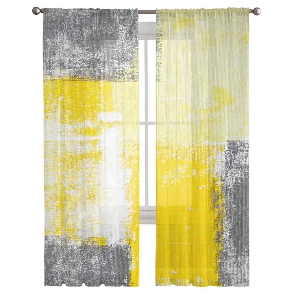Sheer Paint Abstract Geometric Yellow Tulle Curtains Living Room Bedroom Kitchen Window Treatment Chiffon Curtain Blinds Polyester Washable Area Ready