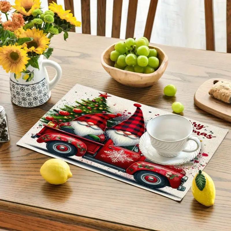 1PC Christmas Gnome Placemats Linen Table Mats for Party Dining Decor Non-Slip Heat-Resistant Kitchen Dinner Table Mats