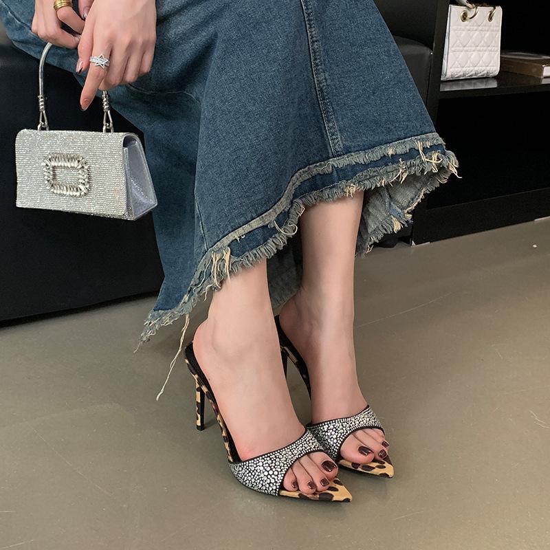 Slippers Dominant SisterStyleSummer Pointed Toe Thin Heel High Heels Women's Outdoor Wear Leopard Print Sexy RhinestoneThinHigh HeelOne-Strap Sandals