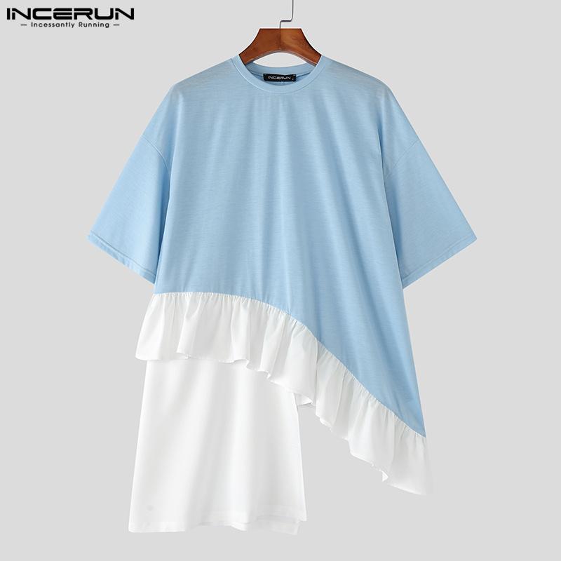INCERUN S-XXXXXL Men O Neck Short Sleeve Patchwork Ruffled Hem Loose T-shirts