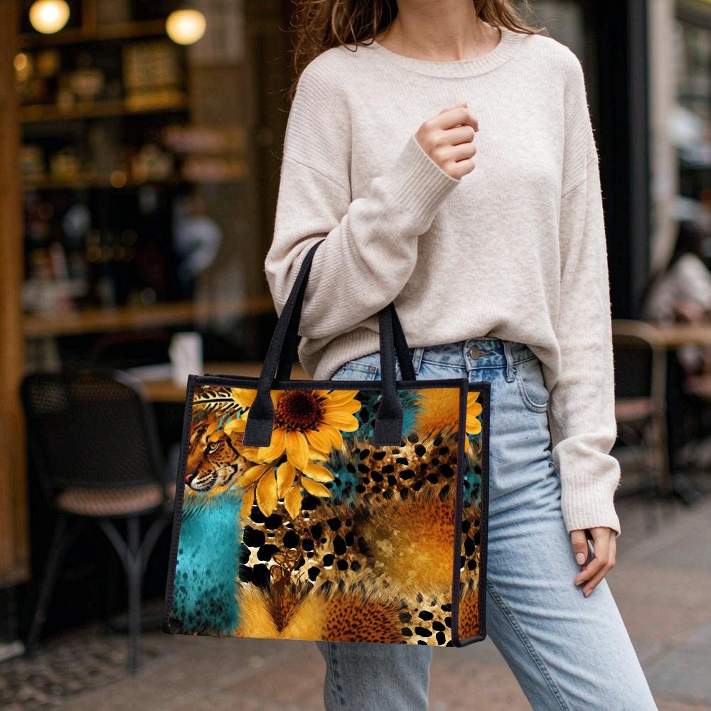 Leopard Sunflower Printed Tote Bag Fashion Casual Large Capacity Handbag for Daily Use