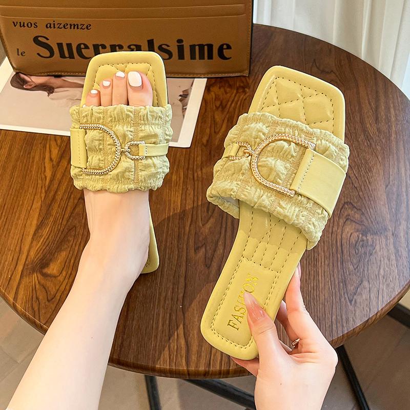 

Летние женские шлепанцы на плоской подошве, элитный бренд, дизайн с кристаллами, уличные пляжные шлепанцы, сандалии, брендовые шлепанцы, женская новая корейская обувь