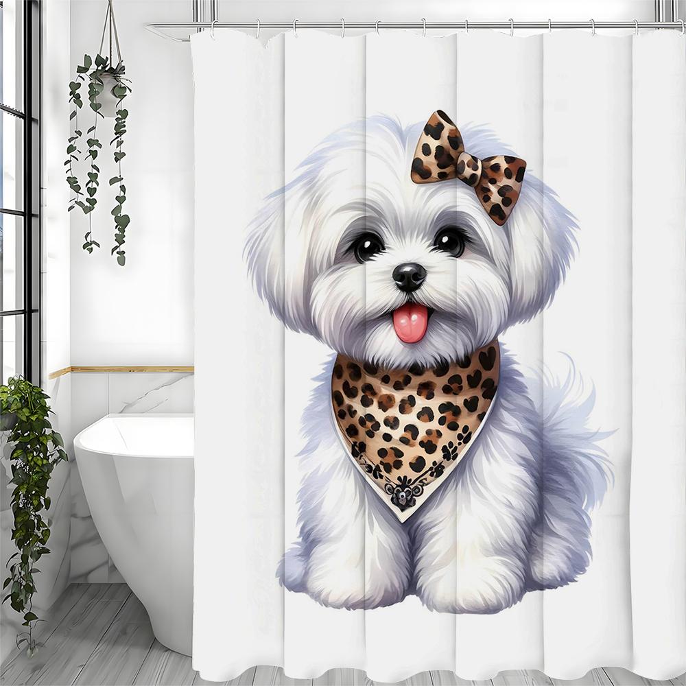 Cute Dog Bow Scarf Shower Curtain, Bathroom Decorative Shower Curtain, Waterproof Shower Curtain with Hooks