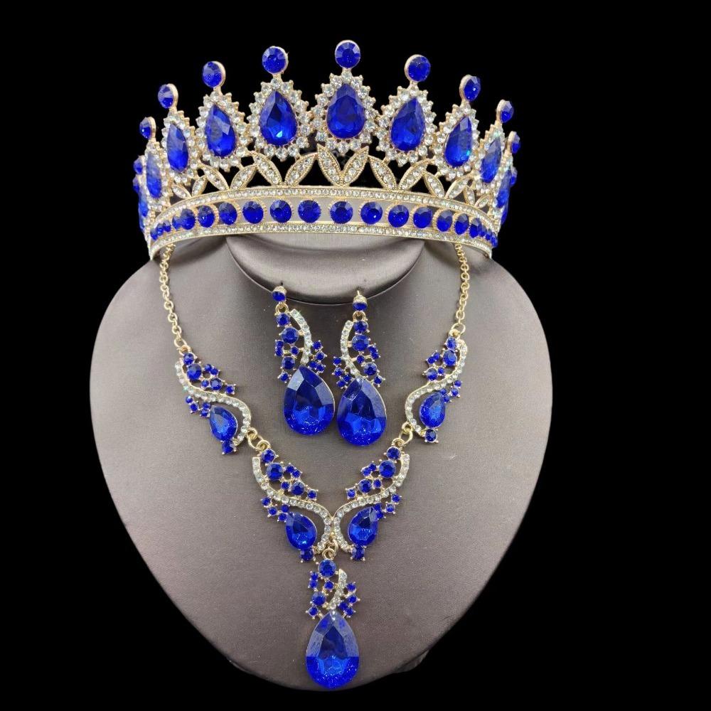 4pcs Princess Tiara Set W/ Water Drop Crystals Bridal Necklace Earrings In Green Blue Red Crown Zircon for Weddings Women Teens