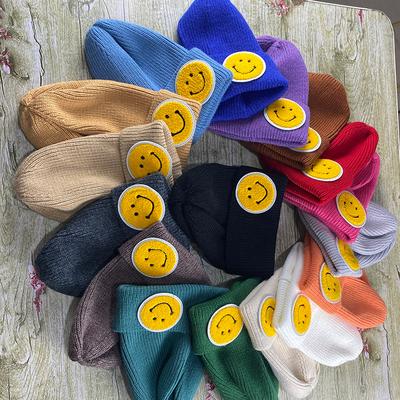 Hat Women Autumn and Winter Smiley Face Label Couple Knitted Hat Winter Pullover Woolen Hat Student Couple Warm Hat