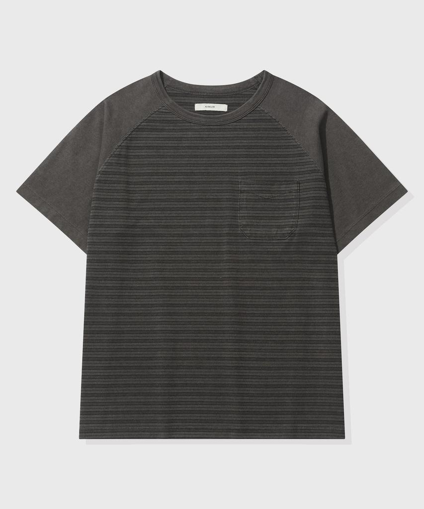 KIIMUIR [Crop] Striped Crop Washed Short Sleeve T-Shirt_Charcoal