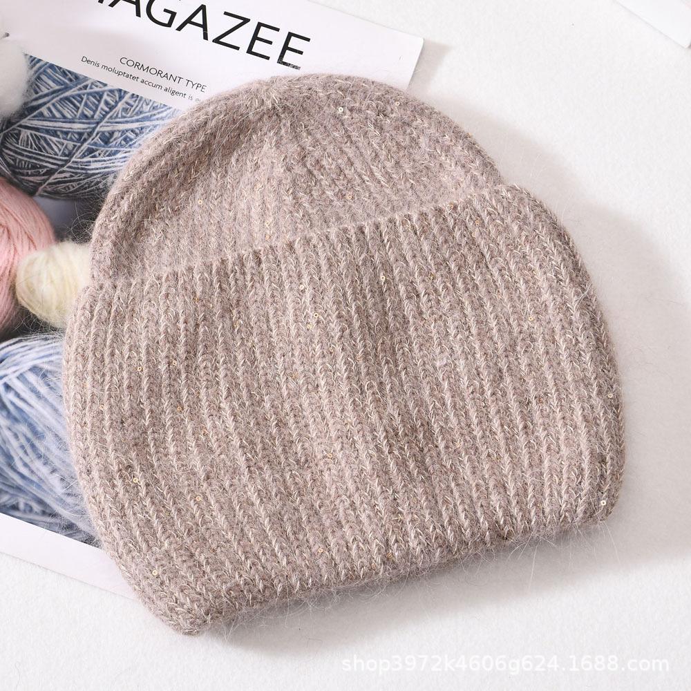 Autumn/Winter New Angora Long Plush Rabbit Fur Knit Hat, Casual Belt with Small Sequins, Warm, Thickened, Couple's Knit Hat