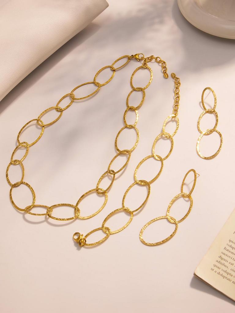 Handmade Hammered Stainless Steel Jewelry Set: Ferris Wheel Circle Necklace, Bracelet & Earrings with Real Gold Plating