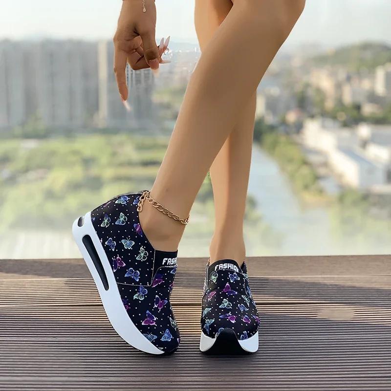 Women's Spring and Autumn Round Toe Colorful Butterfly Pattern Mesh Sneakers Sports Casual Shoes