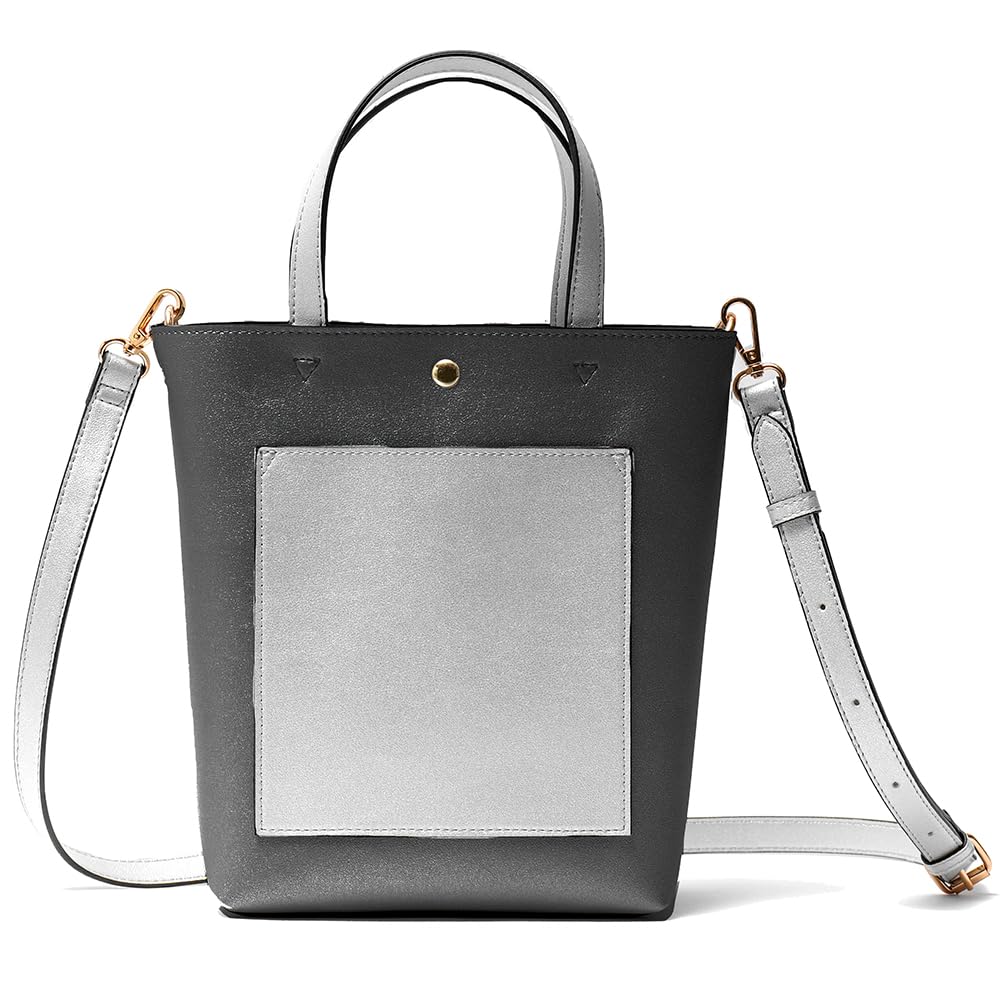 

[Rename] Faux Leather Tote Bag, 2-Way, Vertical, Gusseted, with Inner Pocket, Synthetic Leather, Smooth Texture, Shiny, Simple, Stylish (Black Silver)