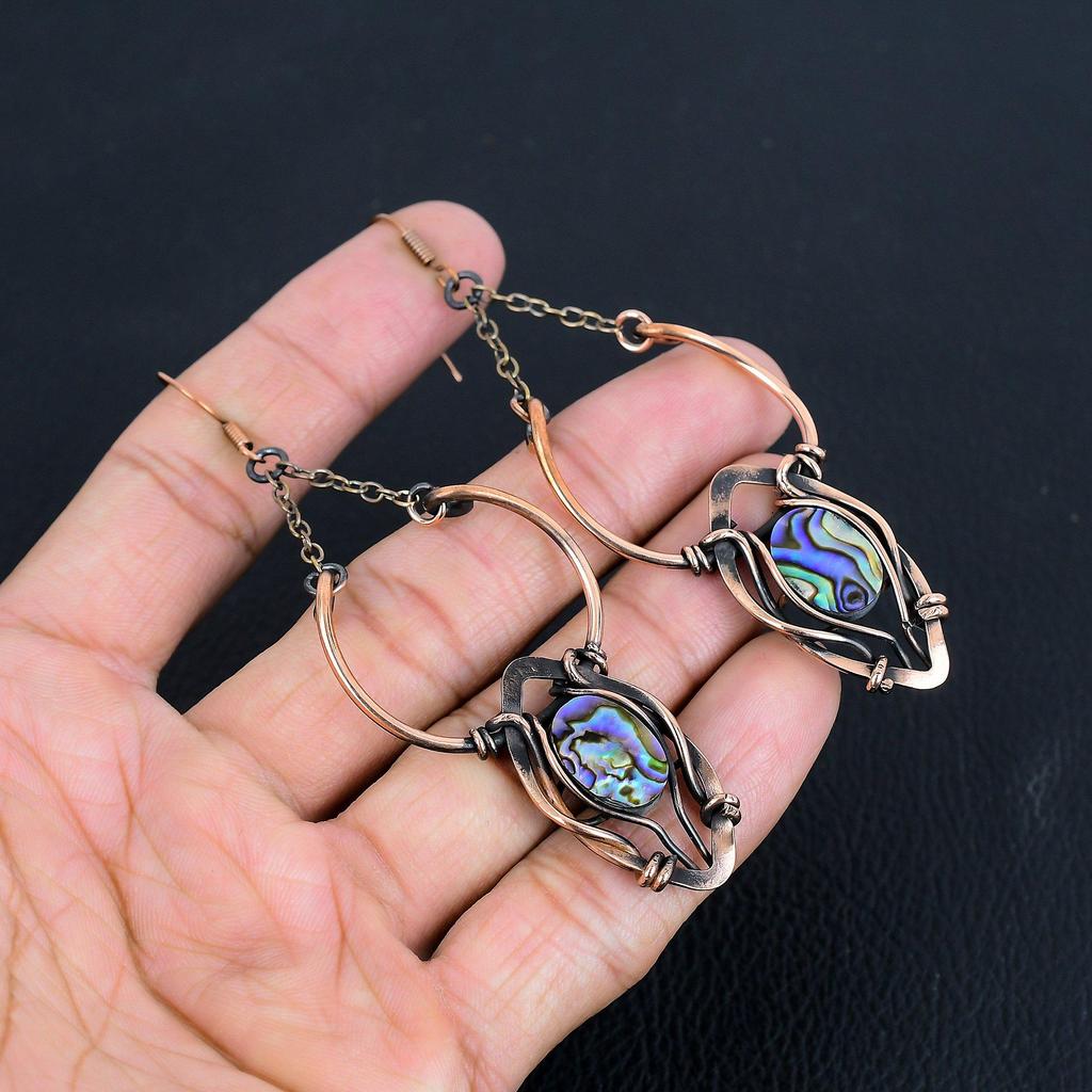 Abalone Shell 999 Copper Wire Wrapped Earrings, Handmade Gemstone Earrings Jewelry, Gifts For Wife Brand New Earrings