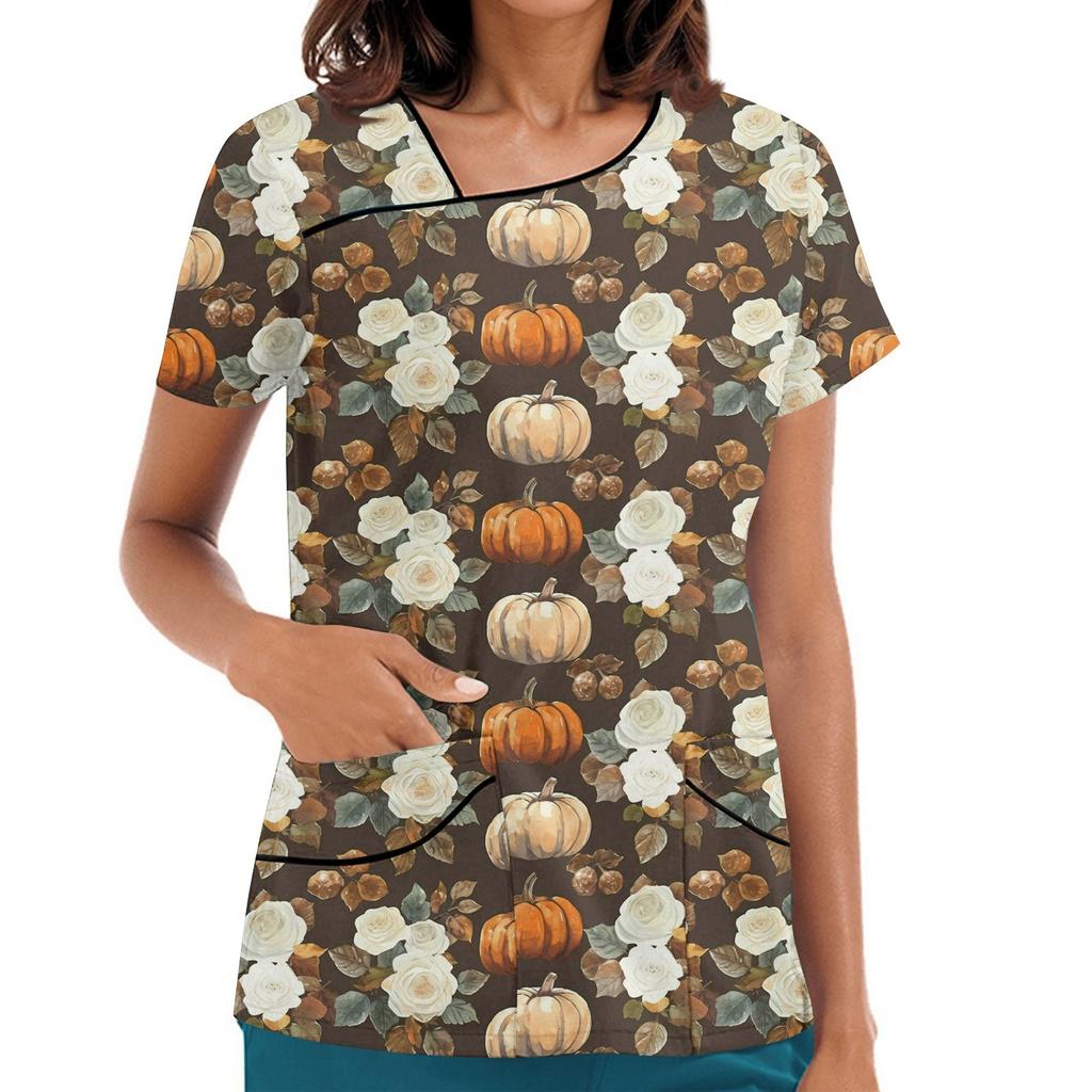 Dámské potištěné pracovní oblečení, šikmý límec a dvojité kapsy, základní top pulovr