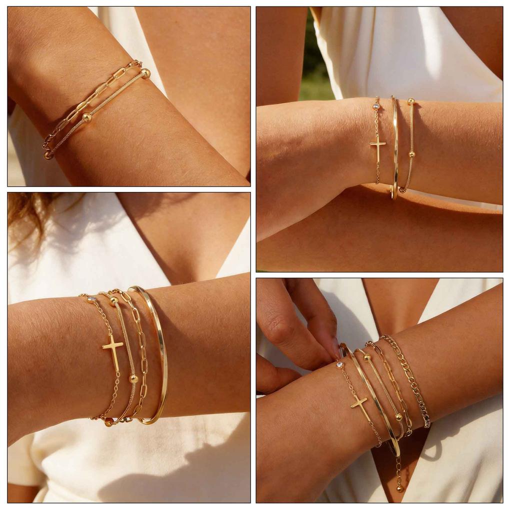 5pcs Bracelet Set for Women, Stainless Steel Stackable 18K Gold Plated Cross Paperclip Cuban Chain Bracelets Stack Waterproof