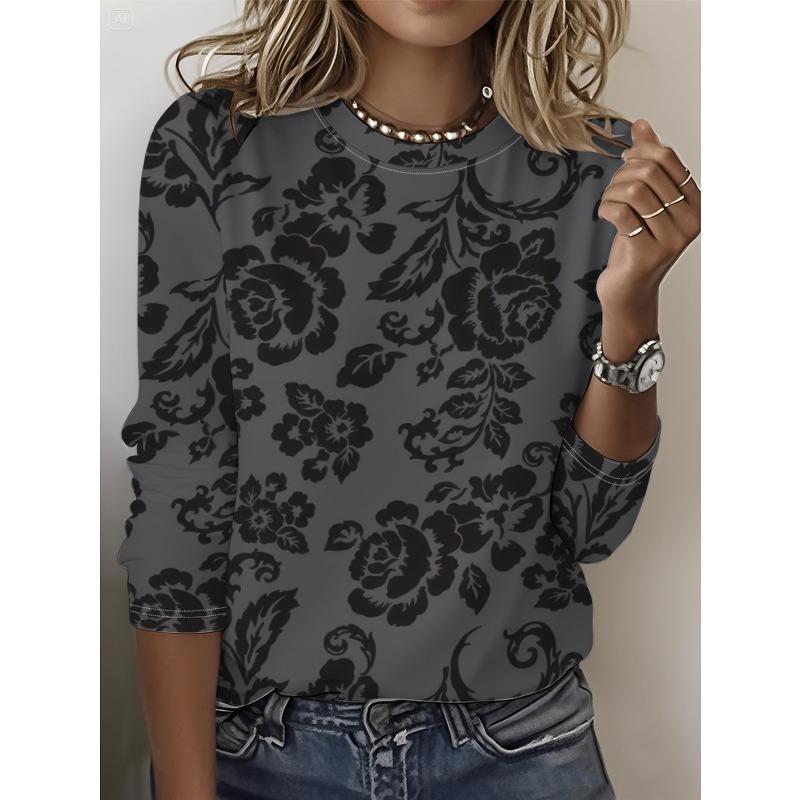 Round Neck 3D Flower Printed Top Casual Long Sleeved Women's T-shirts - Soft Medium Stretch Polyester Fabric Spring and Autumn Relaxed Fit Clothing