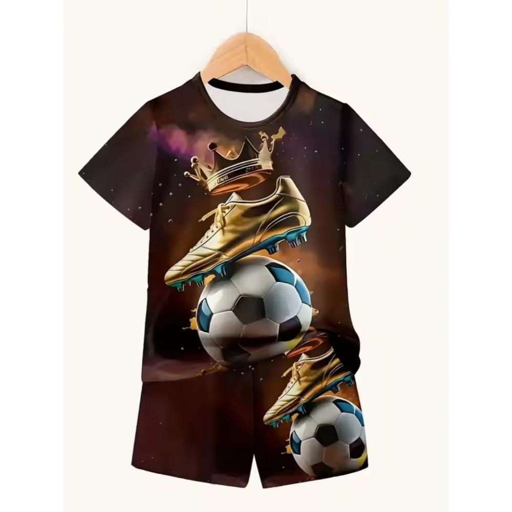 Summer New Children's Set Girls' Summer Set Short Sleeve T-shirt Boys' Shorts Crown 3D Printed Casual Round Neck Children's