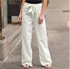 Fashion Women Solid Cotton Linen Sashes Straight Casual Long Pants Trousers