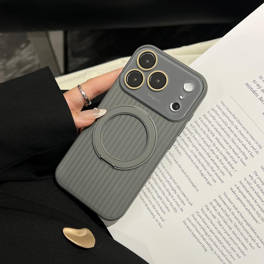 Applicable to iPhone17ProMAX mobile phone case corrugated rotating magnetic suction bracket Apple 16 crystal large window soft case